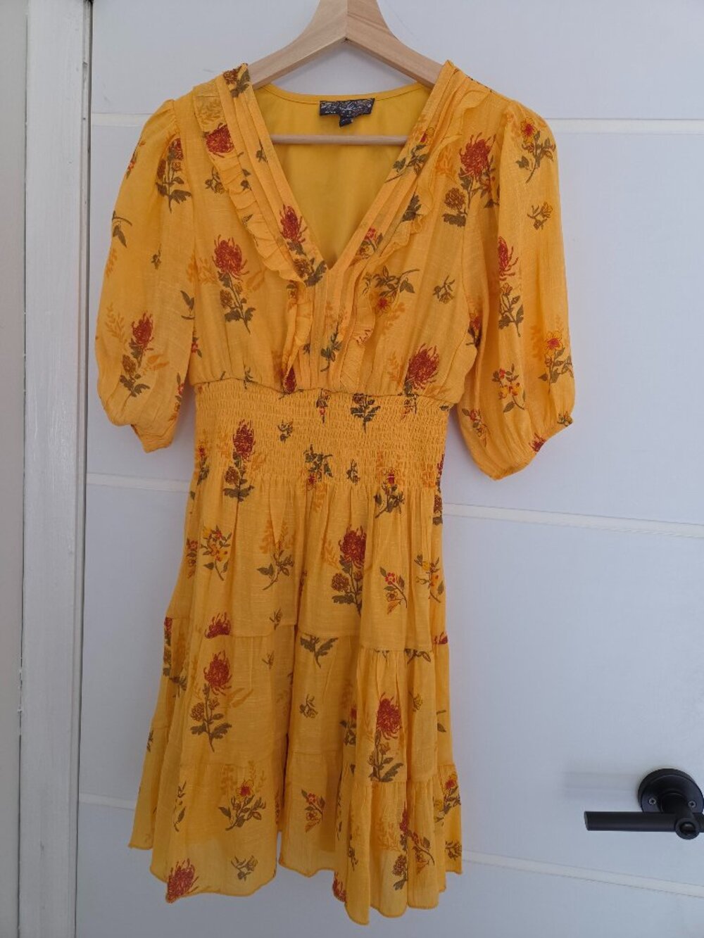 J. Gee Petite M Yellow Floral Tiered Mini Dress Smocked Boho Cottagecore
